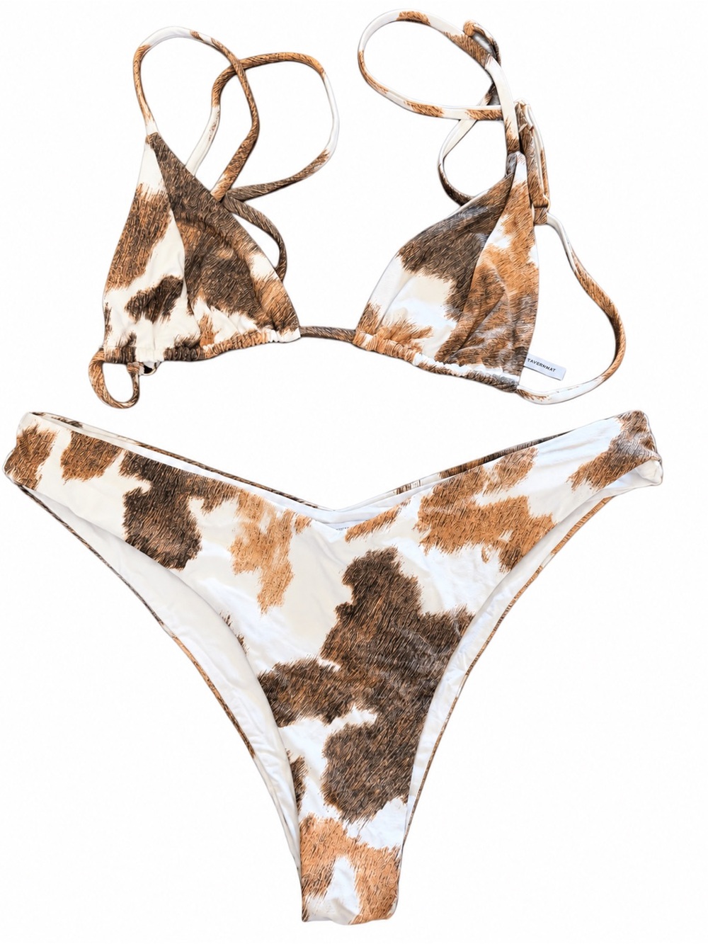 WEWOREWHAT Cooper Bow Bikini Top in Brown Multi Brown & White Cow Print Triangle
